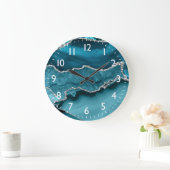 Blauwgroen en Faux Silver Glitter Marble Agate Grote Klok (Huis)