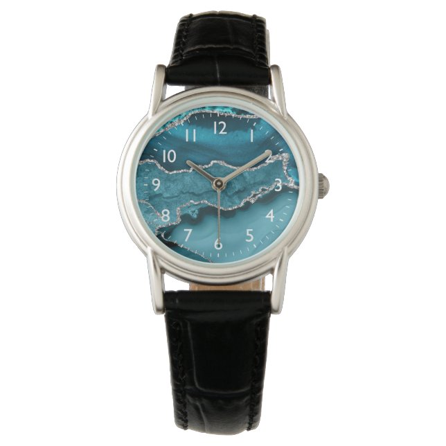 Blauwgroen en Faux Silver Glitter Marble Agate Horloge (Voorkant)