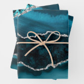 Blauwgroen en Faux Silver Glitter Marble Agate Inpakpapier Vel (In situ)