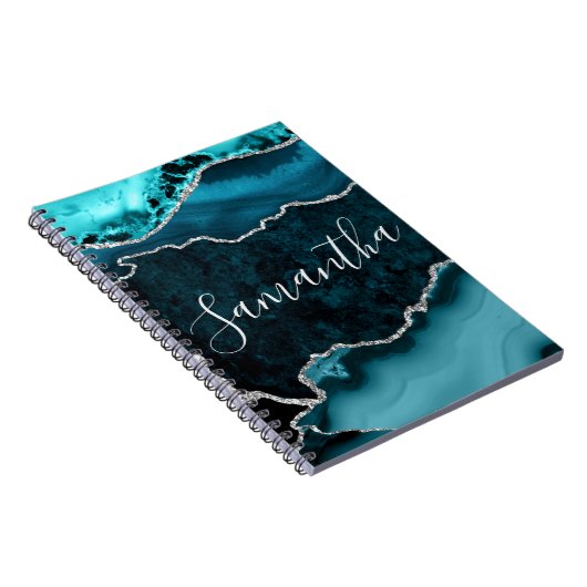 Blauwgroen en Faux Silver Glitter Marble Agate Notitieboek (Rechterzijde)