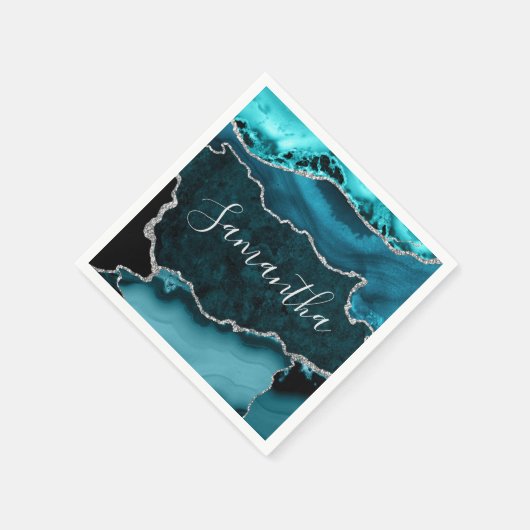 Blauwgroen en Faux Silver Glitter Marble Agate Servet (Hoek)