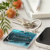 Blauwgroen en Faux Silver Glitter Marble Agate Sleutelhanger (Voorkant Rechts)