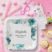 Blauwgroen en gebroken wit Baby shower Papieren Bordje (Feest)