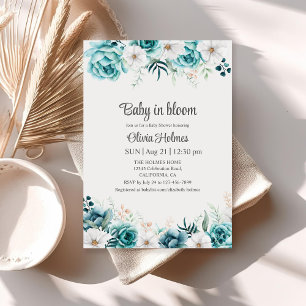 Blauwgroen en gebroken wit Floral Baby shower Invi Kaart