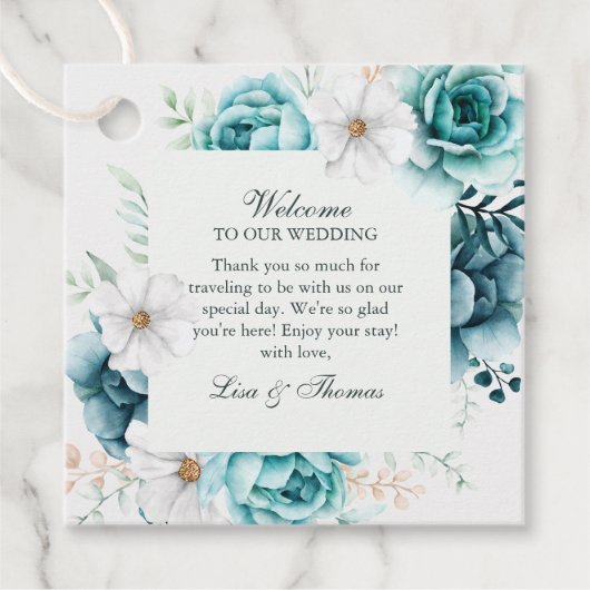 Blauwgroen en gebroken wit Wildflower Bruiloft Bedankjes Labels (Voorkant)