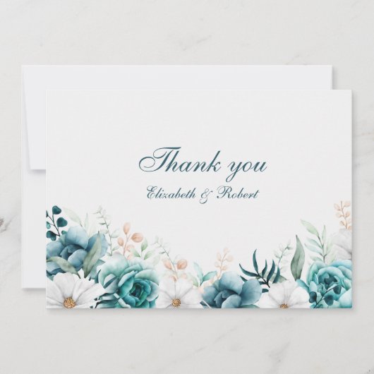 Blauwgroen en gebroken wit Wildflower Bruiloft Bedankkaart (Voorkant)