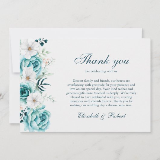 Blauwgroen en gebroken wit Wildflower Bruiloft Bedankkaart (Achterkant)