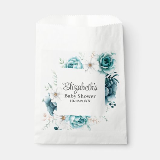 Blauwgroen en gebroken witte Floral Baby shower Fa Bedankzakje (Voorkant)