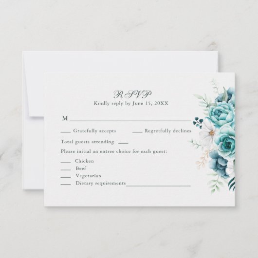 Blauwgroen en gebroken witte Wildflowers Bruiloft  Bedankkaart (Voorkant)