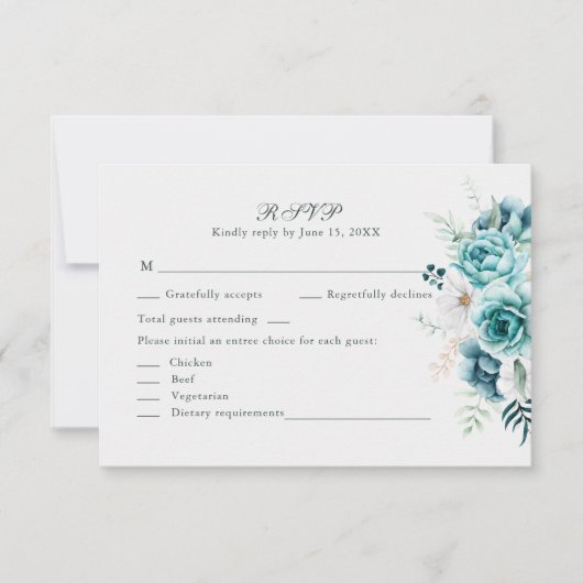 Blauwgroen en gebroken witte Wildflowers Bruiloft  RSVP Kaartje (Voorkant)