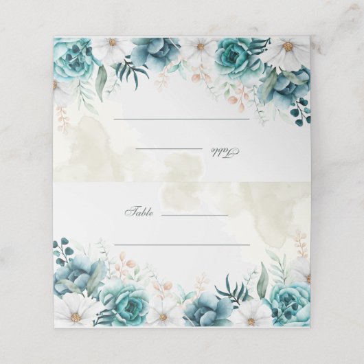 Blauwgroen en gebroken witte Wildflowers Wedding P Plaatskaartje (Buitenkant ongevouwen)