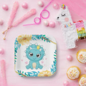Blauwgroen en geel dinosaurus Baby shower Papieren Bordje (Feest)