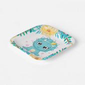 Blauwgroen en geel dinosaurus Baby shower Papieren Bordje (Gebogen)