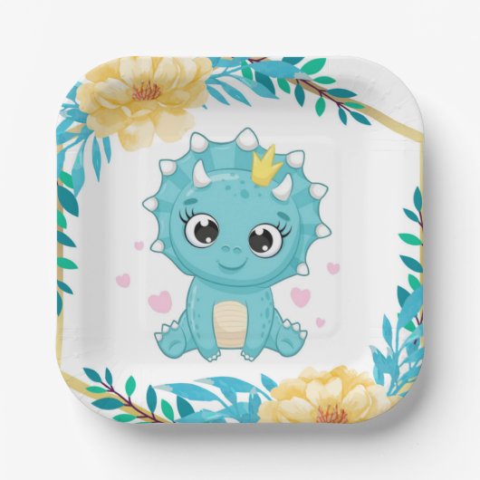 Blauwgroen en geel dinosaurus Baby shower Papieren Bordje (Voorkant)