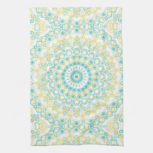 Blauwgroen en geel geometrisch mandala patroon theedoek