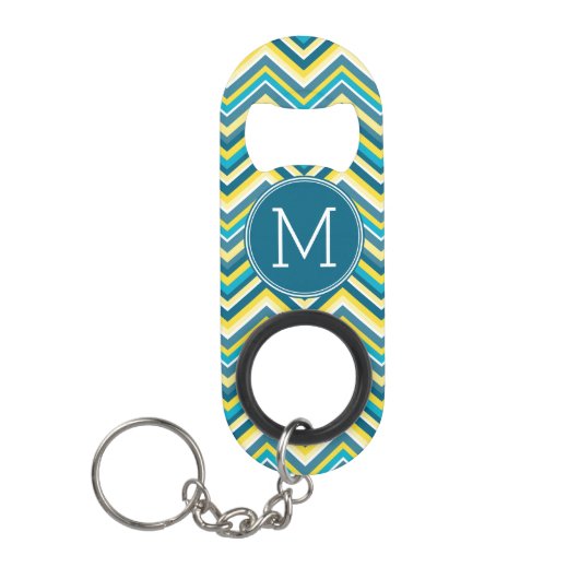 Blauwgroen en geel monogram van het Chevron Patter Mini Flessenopener (Voorkant)