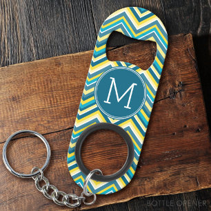 Blauwgroen en geel monogram van het Chevron Patter Mini Flessenopener