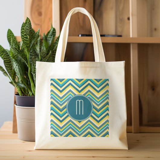 Blauwgroen en geel monogram van het Chevron Patter Tote Bag