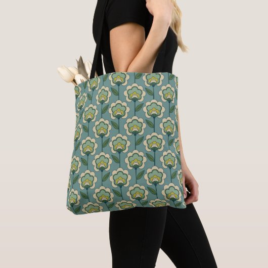 Blauwgroen en geel patroonpatroon tote bag (Dichtbij)