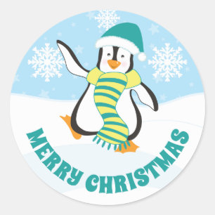 Blauwgroen en geel Pet kerstpinguïn Ronde Sticker