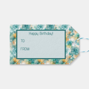Blauwgroen en Gele Bloemen Alcoholinkt Illustratie Cadeaulabel