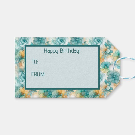 Blauwgroen en Gele Bloemen Alcoholinkt Illustratie Cadeaulabel (Voorkant (Horizontaal))