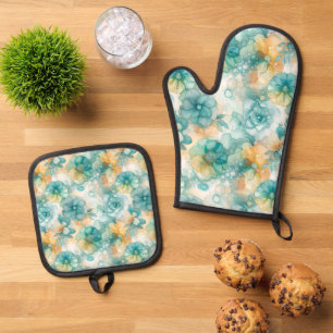 Blauwgroen en Gele Bloemen Alcoholinkt Illustratie Ovenwant & Pannenlap Set