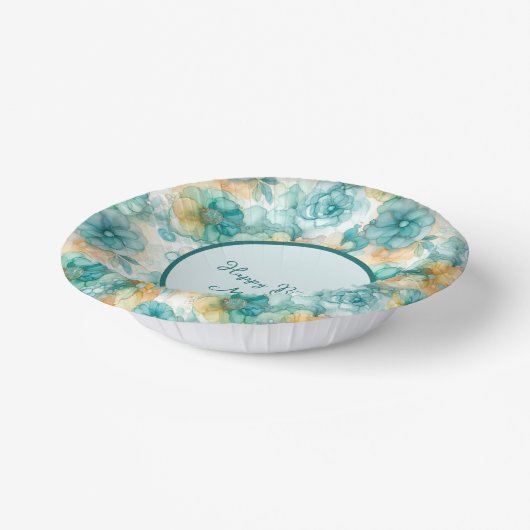 Blauwgroen en Gele Bloemen Alcoholinkt Illustratie Papieren Kommen (Gebogen)