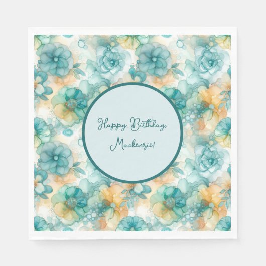 Blauwgroen en Gele Bloemen Alcoholinkt Illustratie Servet (Voorkant)