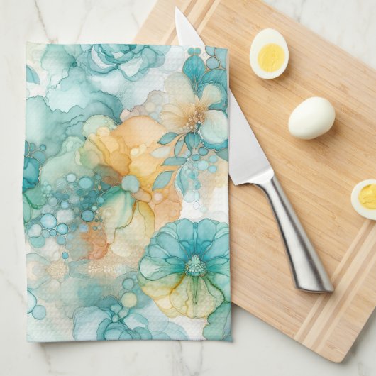 Blauwgroen en Gele Bloemen Alcoholinkt Illustratie Theedoek (Quarter Fold)