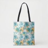 Blauwgroen en Gele Bloemen Alcoholinkt Illustratie Tote Bag (Voorkant)