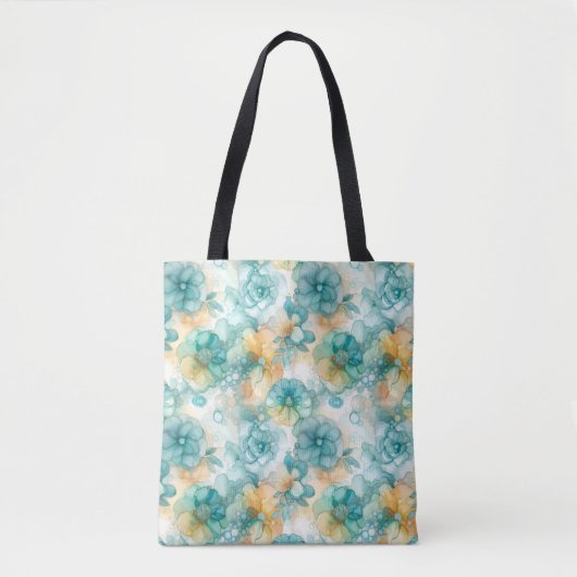 Blauwgroen en Gele Bloemen Alcoholinkt Illustratie Tote Bag (Voorkant)