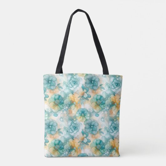 Blauwgroen en Gele Bloemen Alcoholinkt Illustratie Tote Bag (Achterkant)
