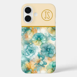 Blauwgroen en Gele Bloemen Alcoholinkt Monogrammed iPhone 16 Hoesje