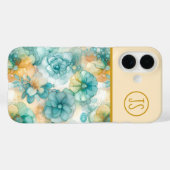 Blauwgroen en Gele Bloemen Alcoholinkt Monogrammed Case-Mate iPhone Case (Achterkant (horizontaal))