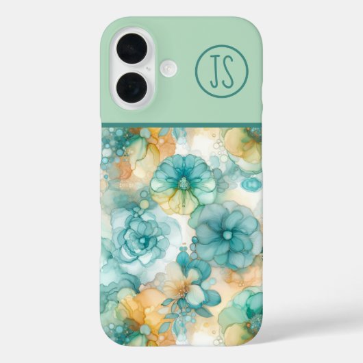 Blauwgroen en Gele Bloemen Alcoholinkt Monogrammed Case-Mate iPhone Case (Achterkant)