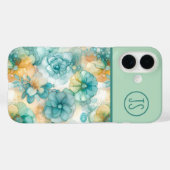 Blauwgroen en Gele Bloemen Alcoholinkt Monogrammed Case-Mate iPhone Case (Achterkant (horizontaal))