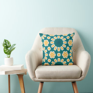 Blauwgroen en gele bloemen geometrisch kussen