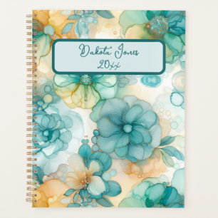 Blauwgroen en gele bloemenalcoholinkt illustratie planner