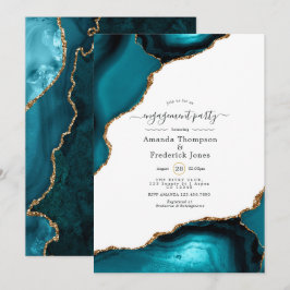 Blauwgroen en Gold Agate Engagement Party Kaart
