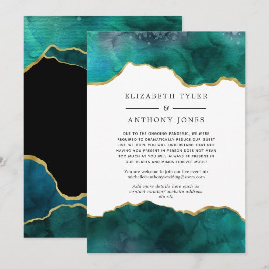 Blauwgroen en Gold Agate Reduced Wedding Guest Lis Aankondiging (Voorkant / Achterkant)