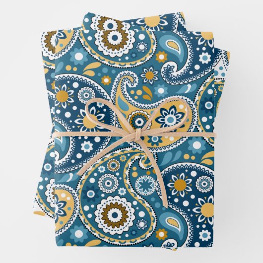 Blauwgroen en Gold Bohemian Paisley Print Patroon Inpakpapier Vel (In situ)
