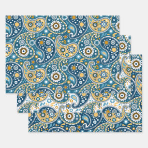 Blauwgroen en Gold Bohemian Paisley Print Patroon Inpakpapier Vel