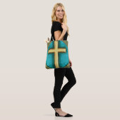 Blauwgroen en Gold Cross-Canvas tas (Op model)