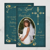 Blauwgroen en Gold Cross-fotocommuniqué Kaart (Voorkant / Achterkant)