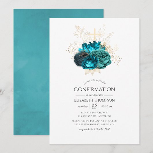 Blauwgroen en Gold Floral bevestiging Kaart (Voorkant / Achterkant)