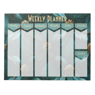 Blauwgroen en Gold Floral Weekly Planner Notitiebl Notitieblok