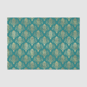 Blauwgroen en Gold Foil Damask-patroon Tissuepapier