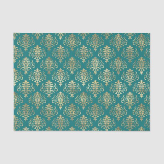 Blauwgroen en Gold Foil Damask-patroon Tissuepapier (Voorkant)