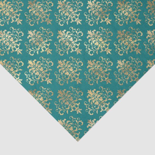 Blauwgroen en Gold Foil Damask-patroon Tissuepapier (Detail)